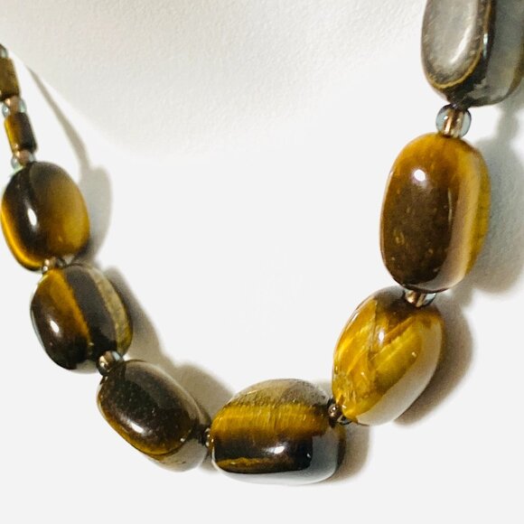 Rustic Tiger's Eye Beaded Necklace, Genuine Yellow Brown Tumbled Gemstone - Picture 2 of 11